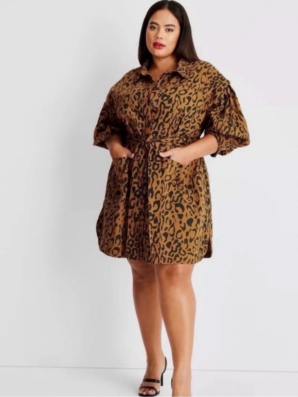 Leopard Print Shirt Mini Dress in Brown